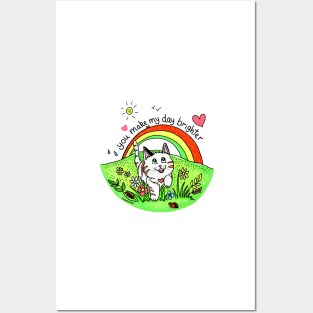 You make my day brighter - Cat running under a rainbow with cute message Posters and Art